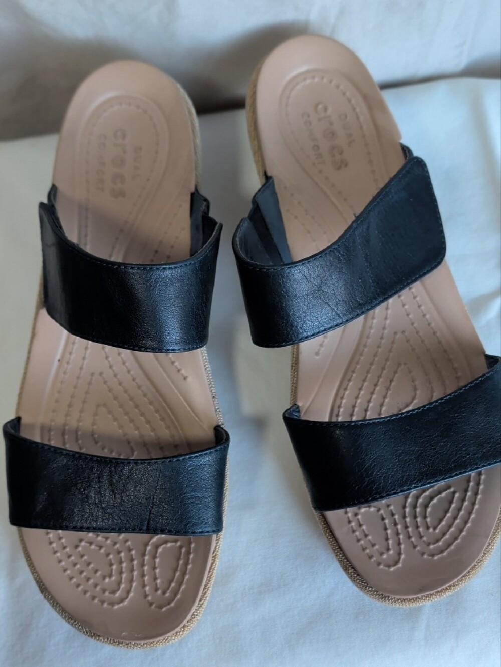 CROCS Black Leather Dual-Strap  Slide Sandals with Tan Wedge Resort Boho Wear - Picture 8 of 8
